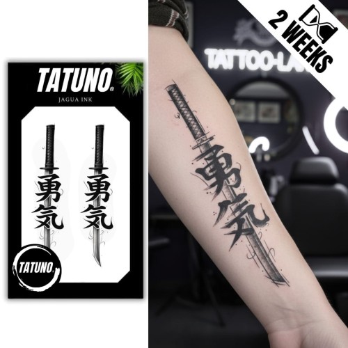 Tatuaż jagua półtrwały katana z symbolem odwaga