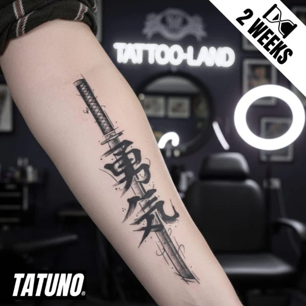 Tatuaż jagua półtrwały katana z symbolem odwaga