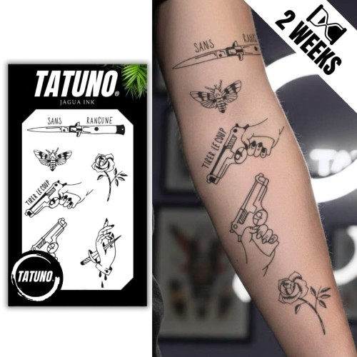 Tatuaż jagua półtrwały mix broń dłoń róża