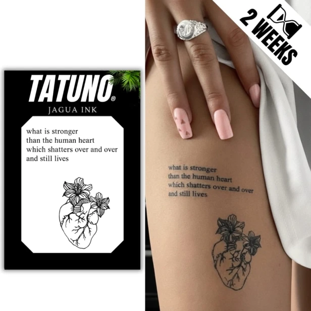 Tatuaż jagua półtrwały serce z kwiatami i cytatem