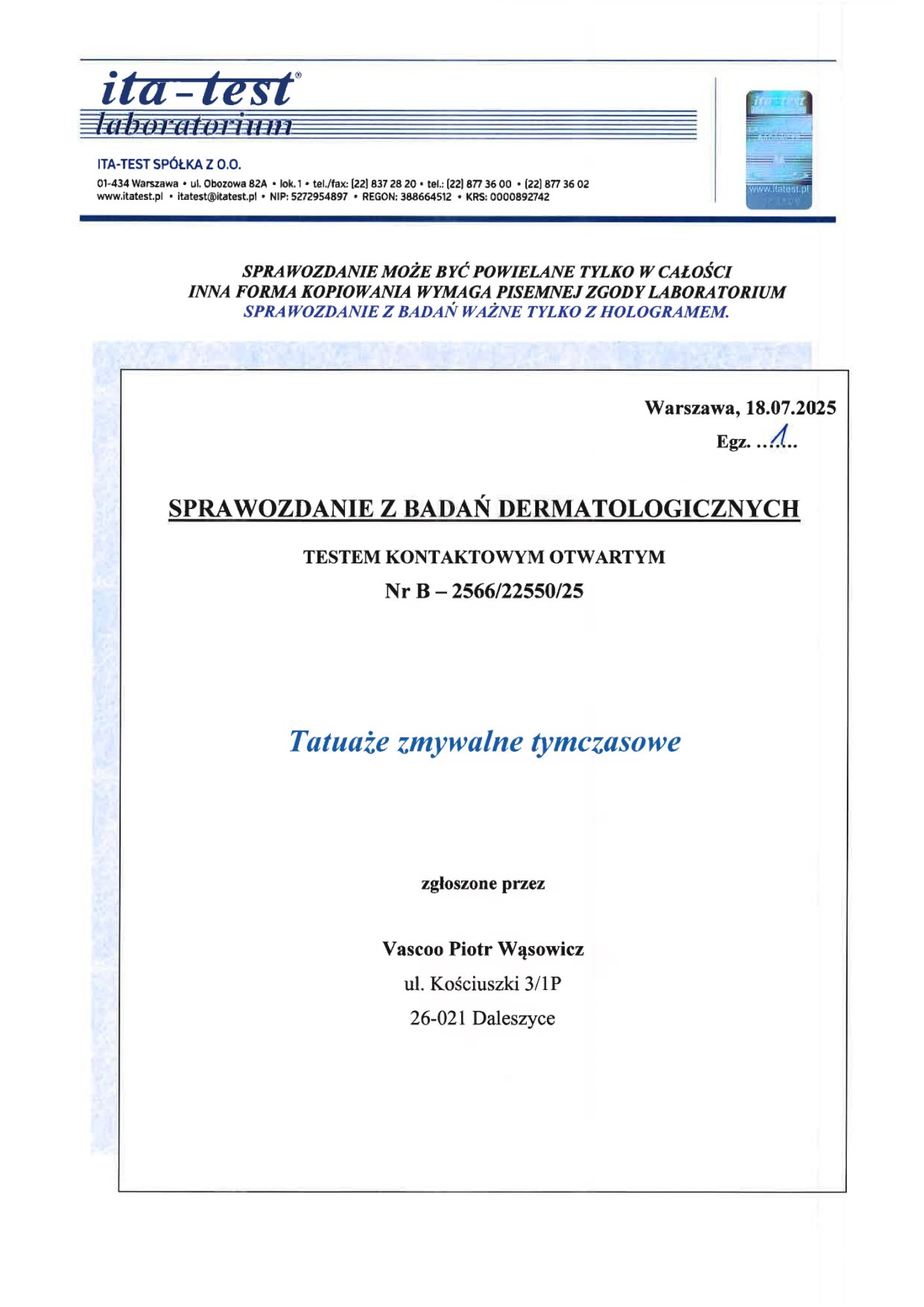 Pierwsza strona badania dermatologicznego
