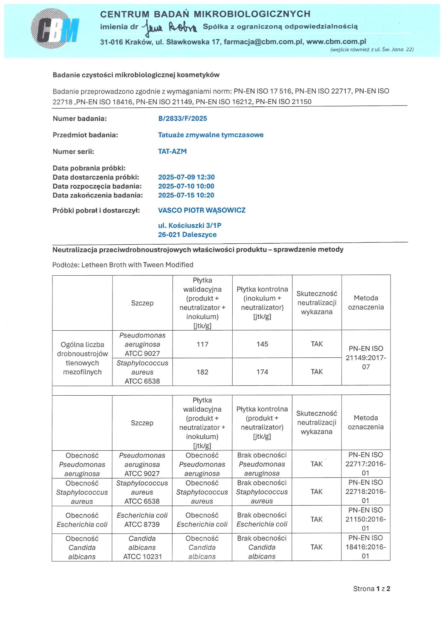 Pierwsza strona badania mikrobiologicznego