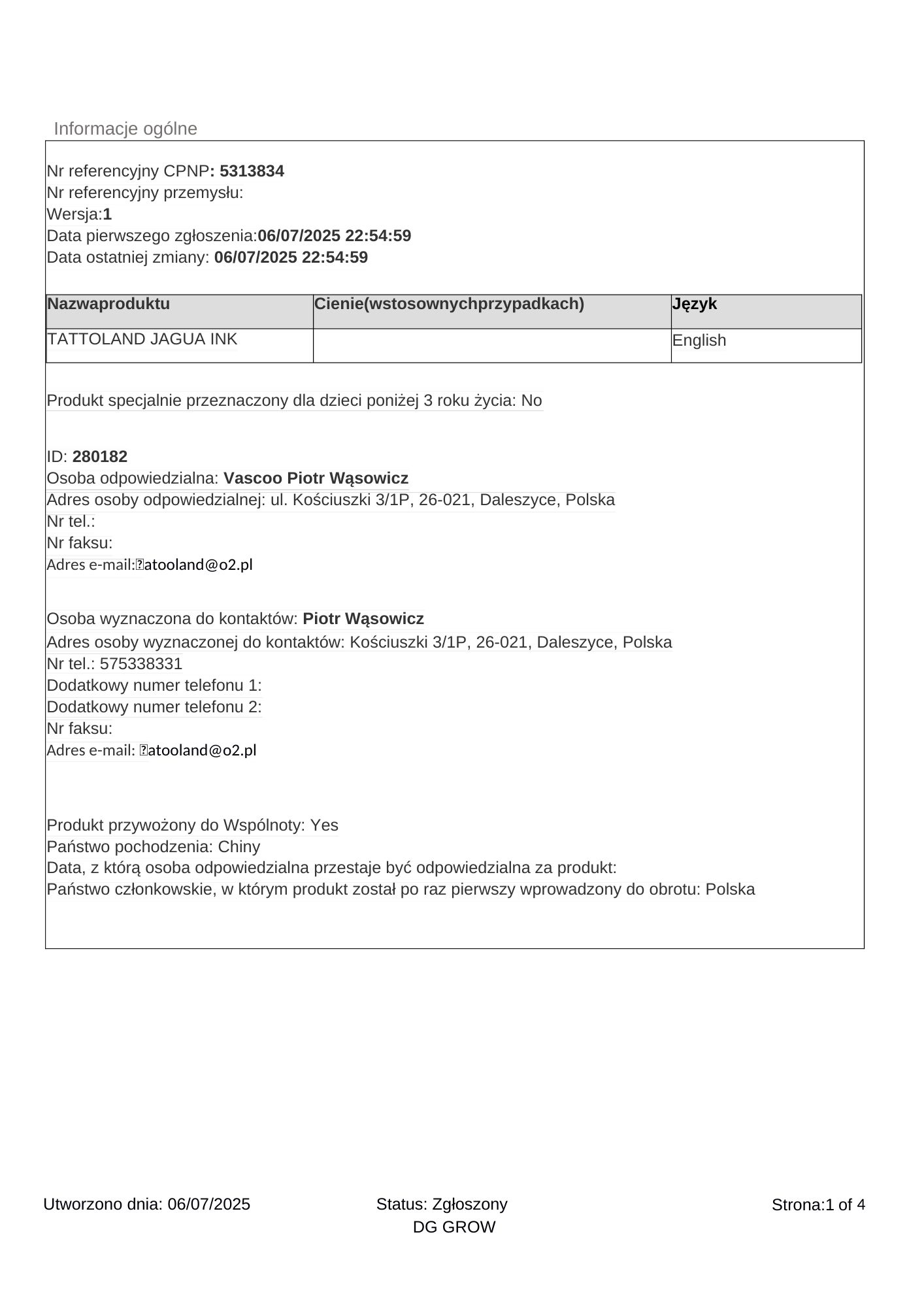 Jagua — potwierdzenie wpisu do CPNP