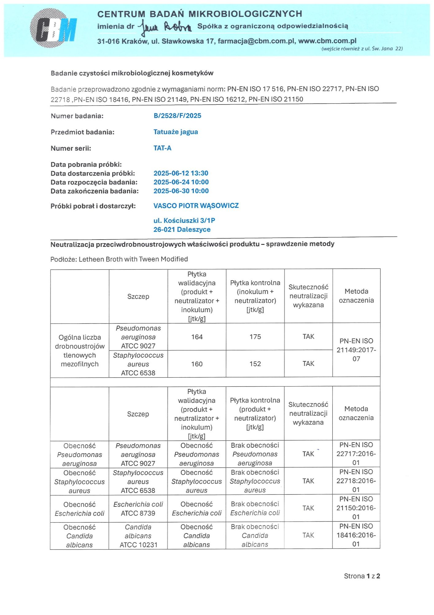 Jagua — certyfikat badań mikrobiologicznych